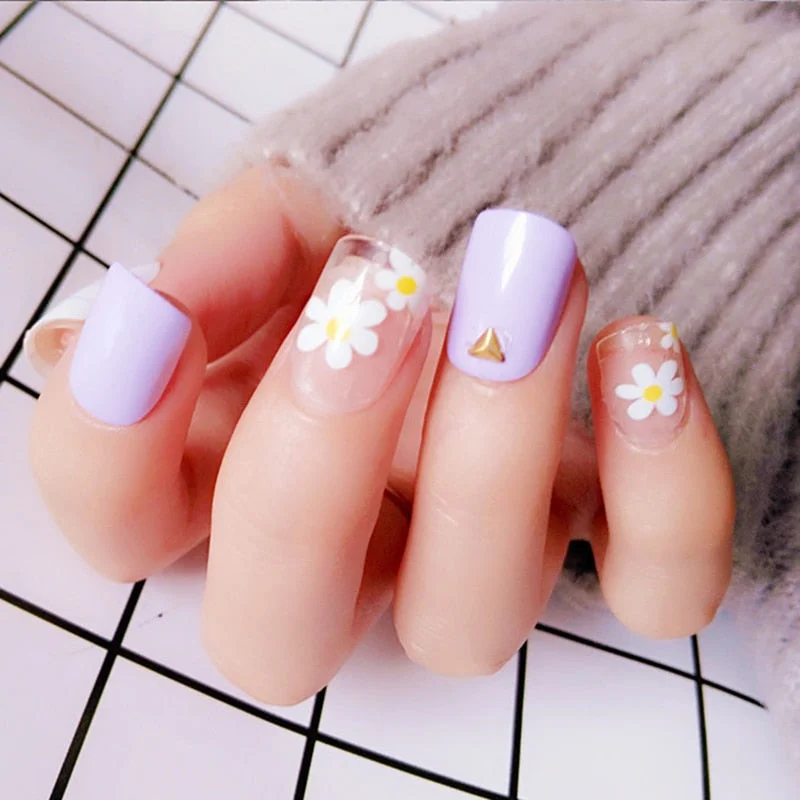 24Pcs Short Square Artificial Fake Nails DIY Press On False Nails With Design Acrylic Full Cover Tips Manicure Tool-Nail Inspo