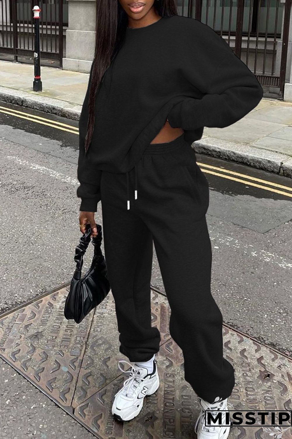 Black Fashion Casual Solid Basic O Neck Long Sleeve Two Pieces