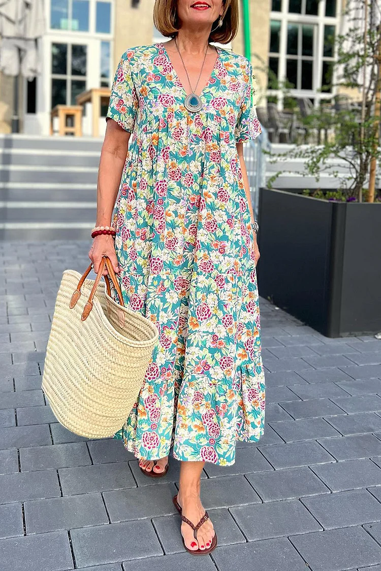 Floral Printed V Neck Short Sleeve Elegant Linen Maxi Dresses [Pre Order]