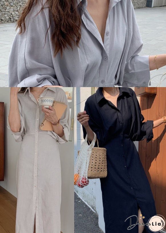 Plus Size Elegant Grey Blue Button Cotton Shirt Dress