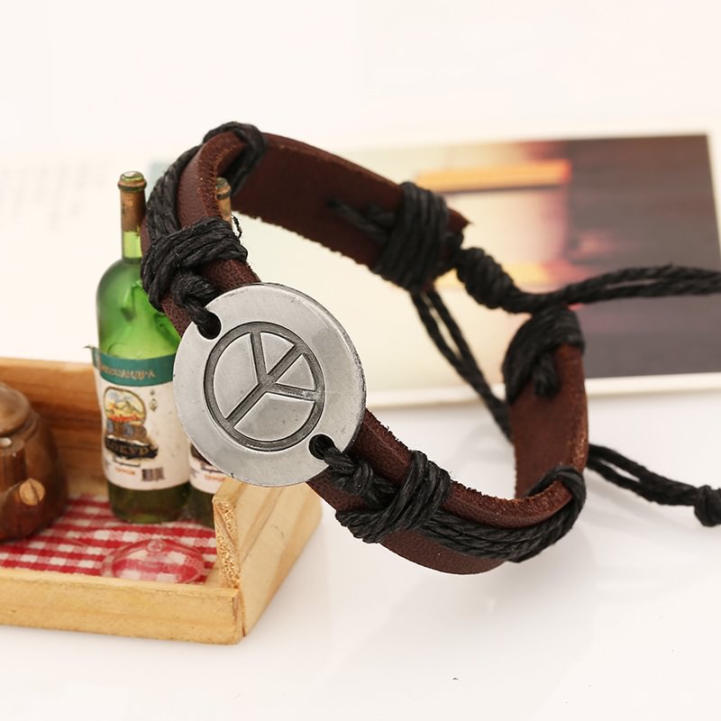 Punk retro woven leather bracelet and peace logo Bracelet
