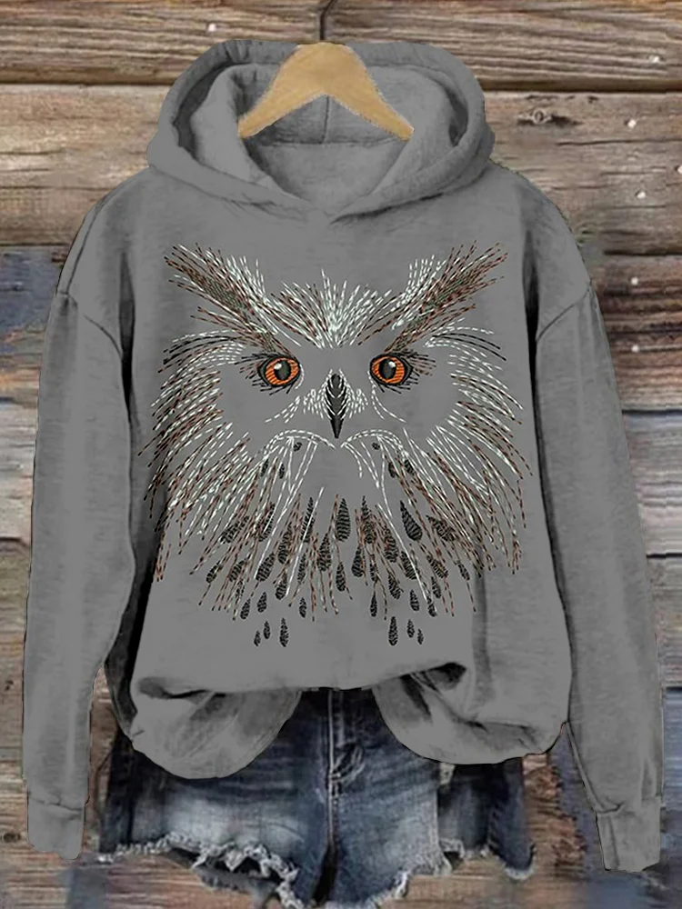 🔥kukelife🔥Cute Owl Face Embroidery Art Comfy Hoodie