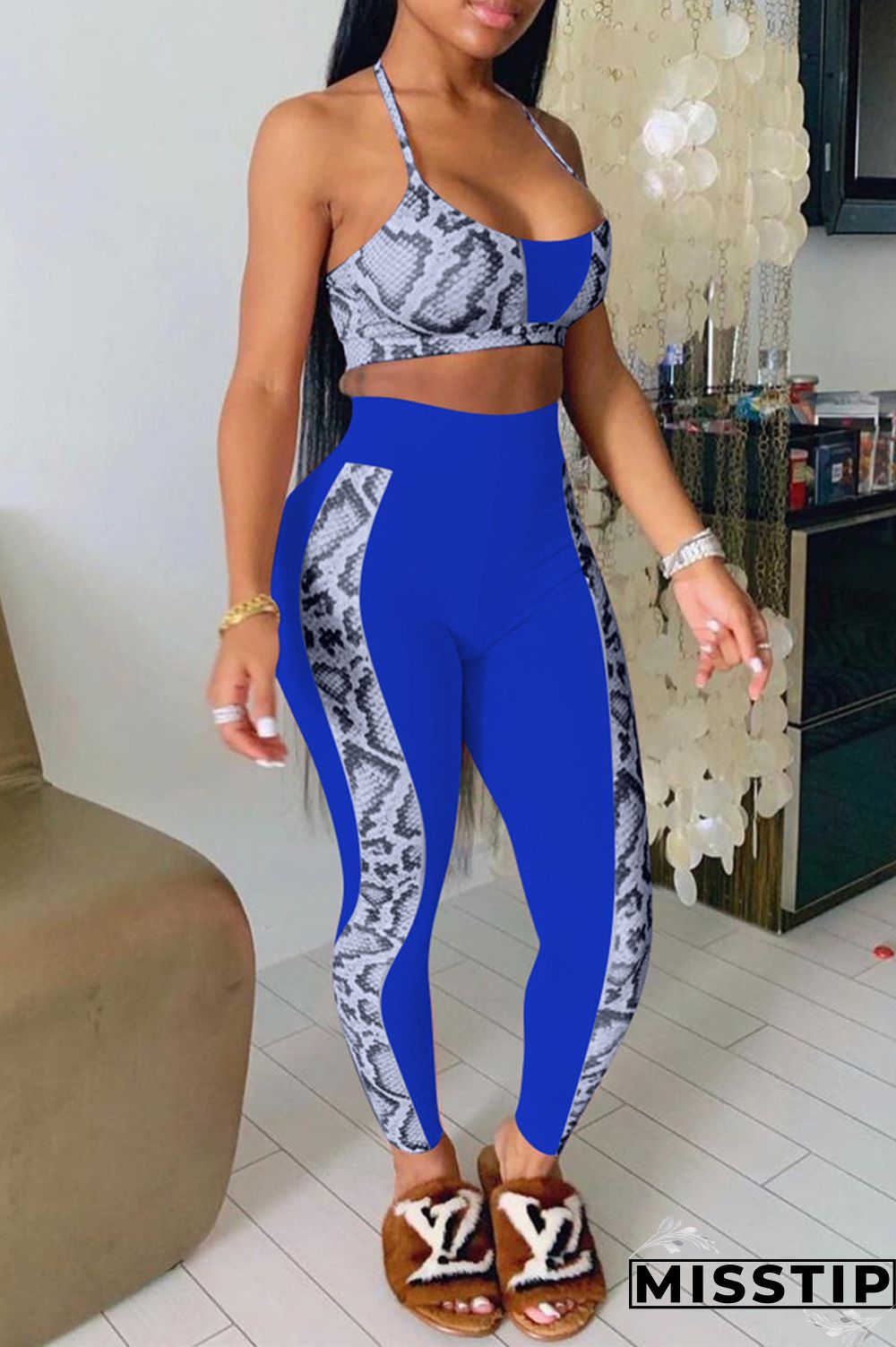 Pink Fashion Sexy Print Patchwork Backless Halter Sleeveless Two Pieces