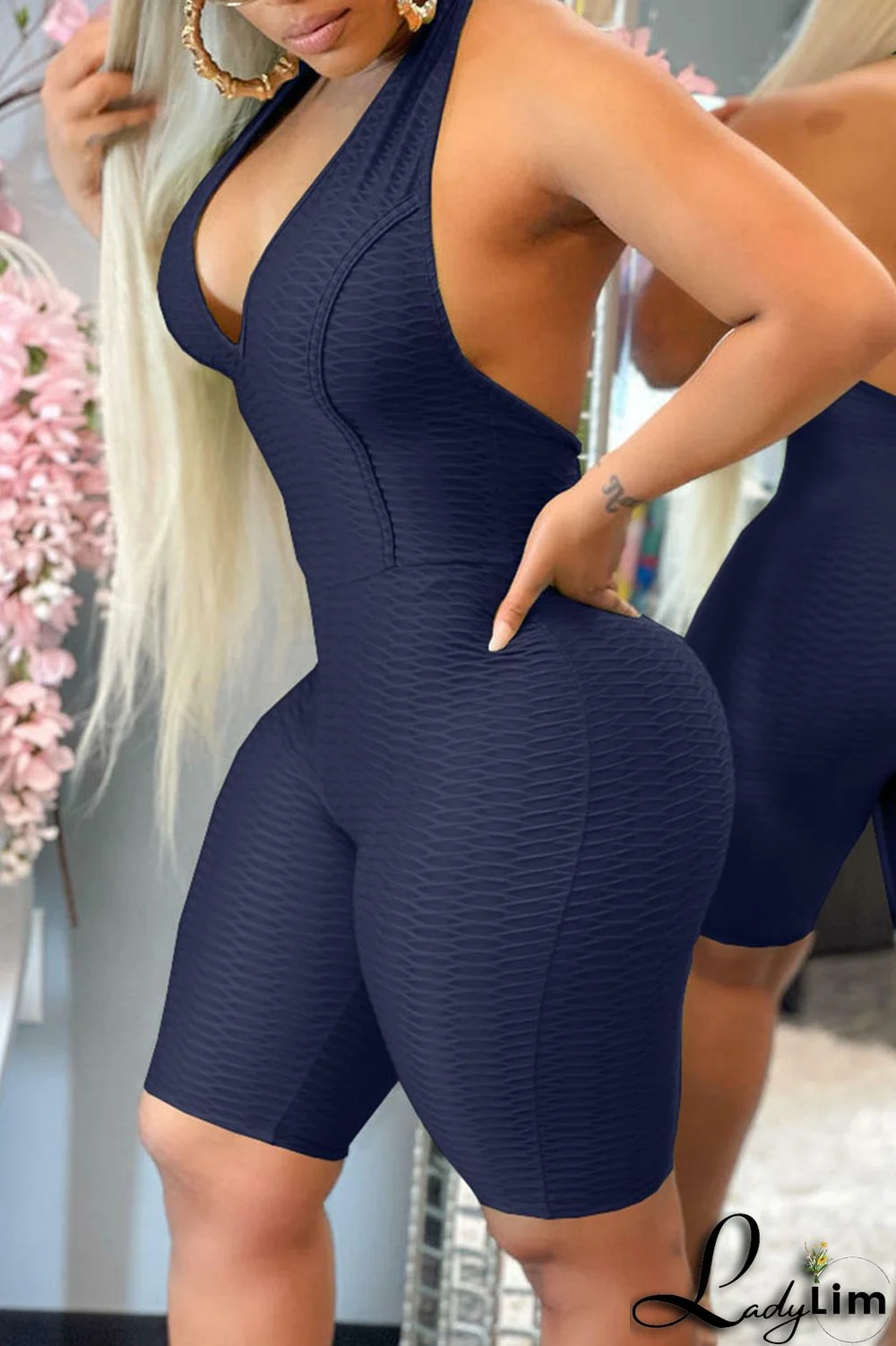 Tibetan Blue Sexy Solid Split Joint Backless Halter Regular Jumpsuits