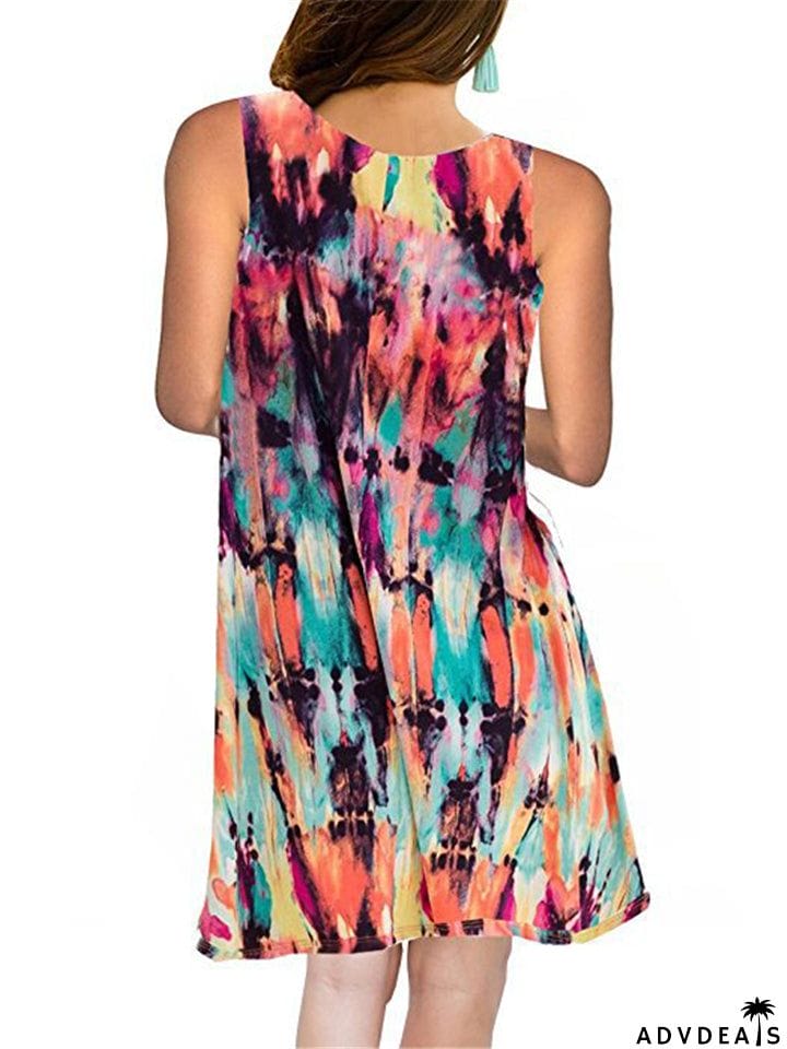 Sleeveless Printed Pullover Round Neck Dresses