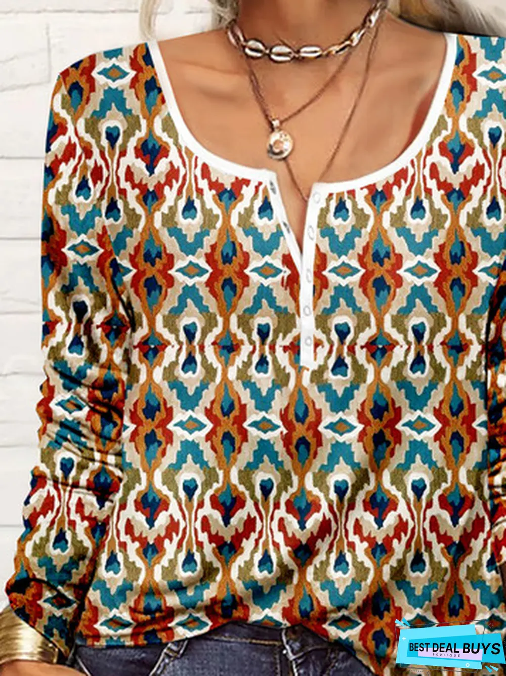 Jersey Casual Geometric Printed Color-block T-Shirt