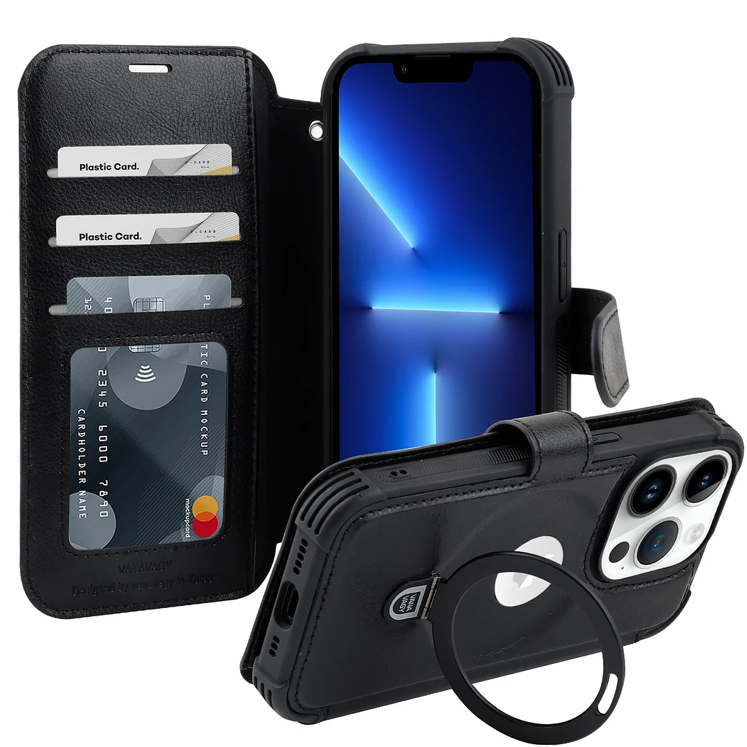 VANAVAGY Wallet Case for iPhone 13 Pro Case Magnetic Ring Holder Flip Shockproof Leather Phone Case