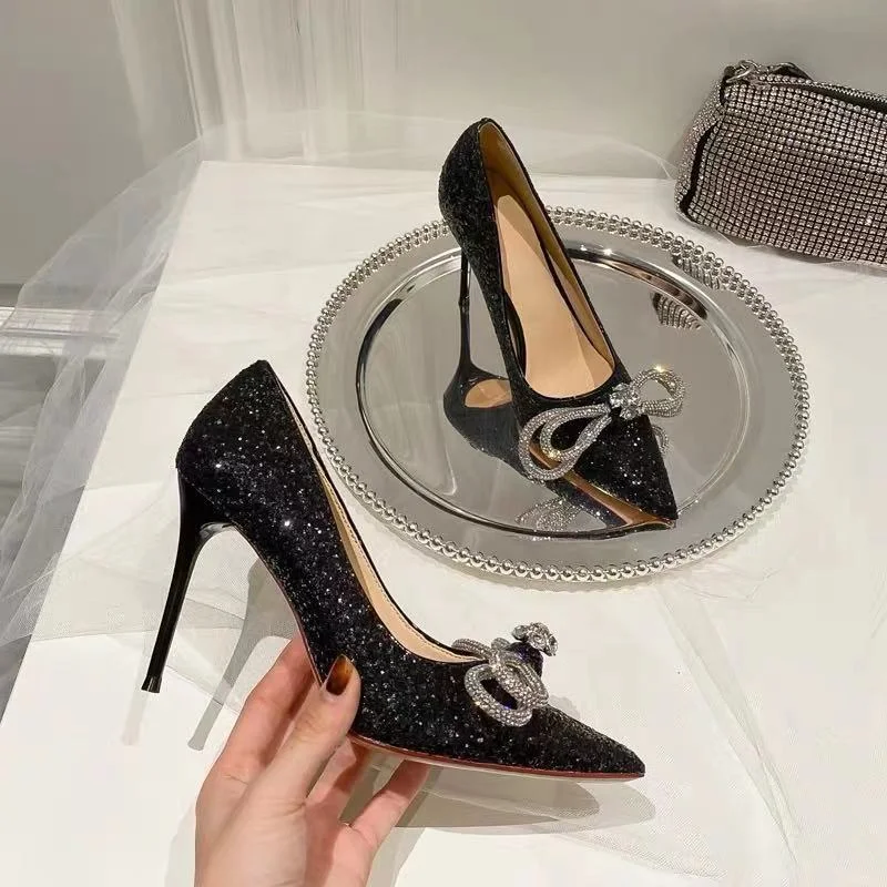 Qengg High Heels Sequin Party Dress Shoes lady work Shoes 2022 New Sexy Rhinestone Bow Pointed Metal Heels Stilettos Pumps