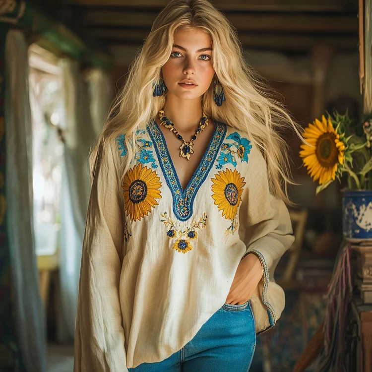 Lunivibe Retro Ukraine Sunflower Embroidery Blend Linen V Neck Loose Blouse