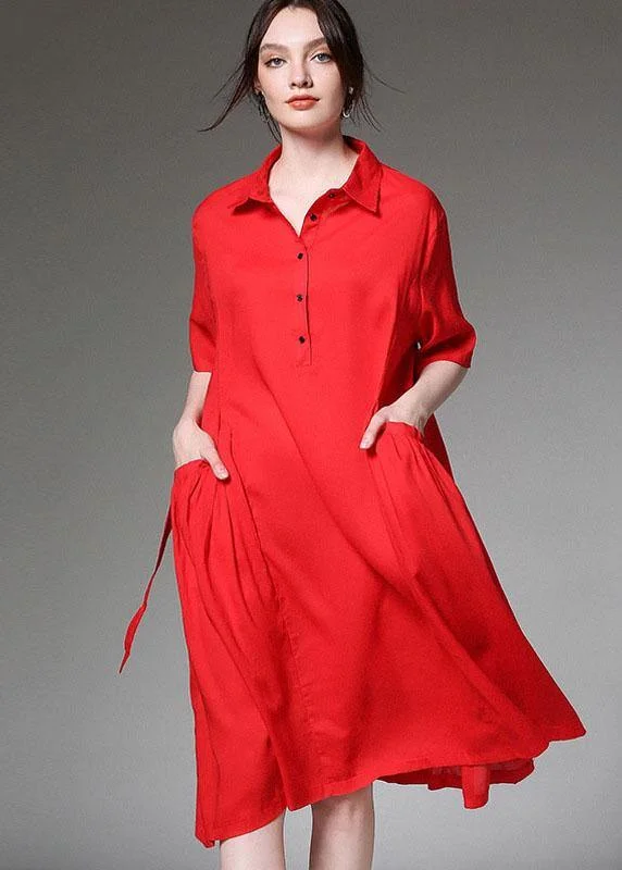 Loose Red Asymmetrical Design Tie Waist Spring Half Sleeve Holiday Dress