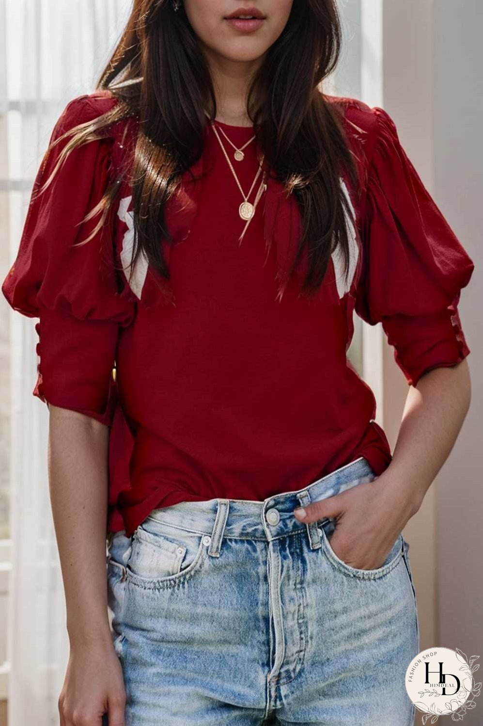 solid color button loose casual round neck t shirt