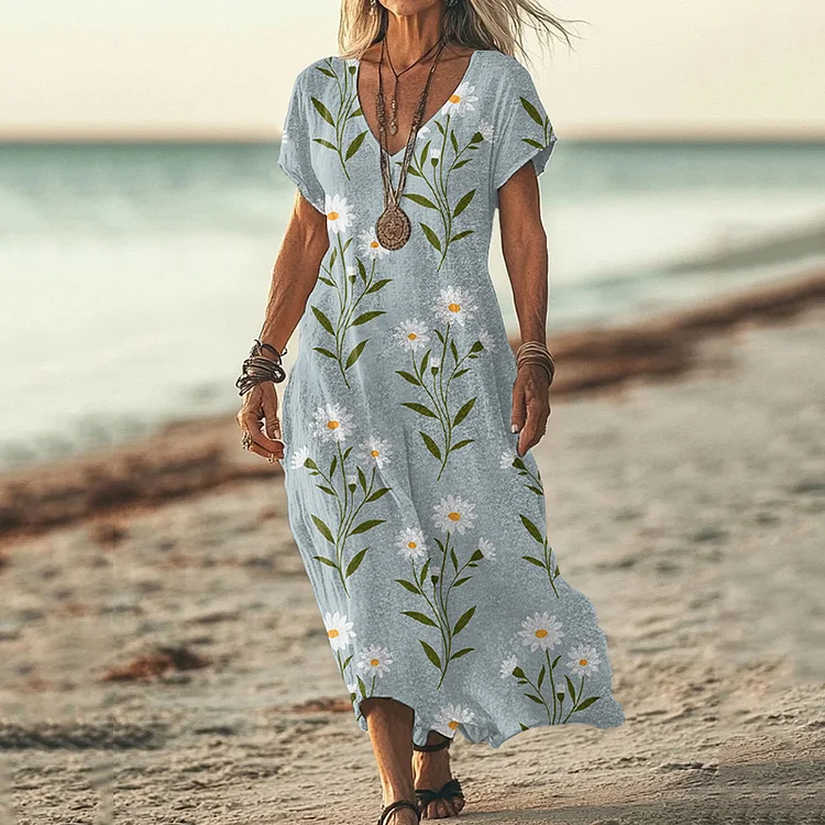Simpfit Kurzärmliges Midikleid aus Nachahmung aus Nachahmung aus Baumwolle und Leinen mit V-Ausschnitt und Gänseblümchen-Print