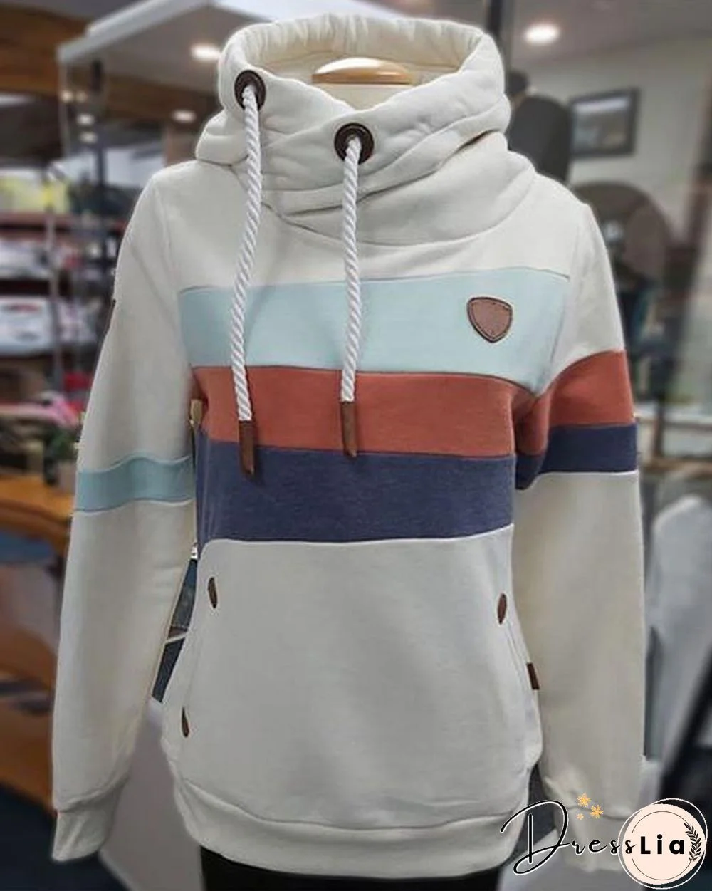 White Hooded Color-block Long Sleeve Sweatshirt