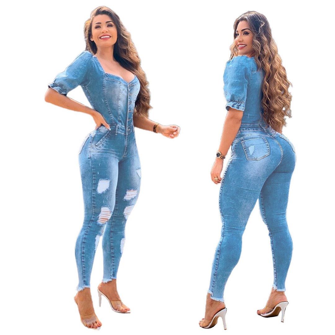 CM.YAYA Women Denim Jumpsuits Ripped Single Breasted Pencil Jumpsuit Fashion Women's Overalls Casual Streetwear Summer Outfits