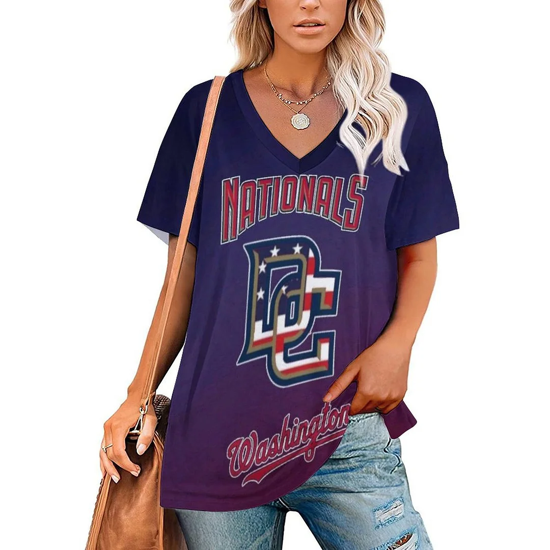 V-neck Short Sleeve Casual T-shirt for  Women Printed with Pattern , Blue, Red