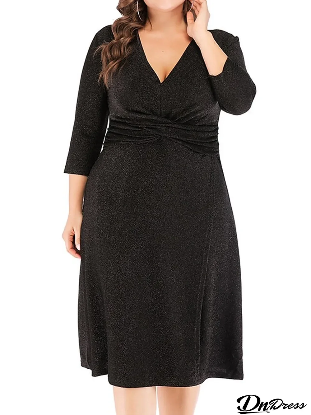 Women's Plus Size Black Dress Party Dress Cocktail Dress Midi Dress Black Gold Gray Long Sleeve Plain High Waist Summer Spring Fall V Neck Elegant Wedding Guest Birthday Vacation XL XXL 3XL 4XL 5XL