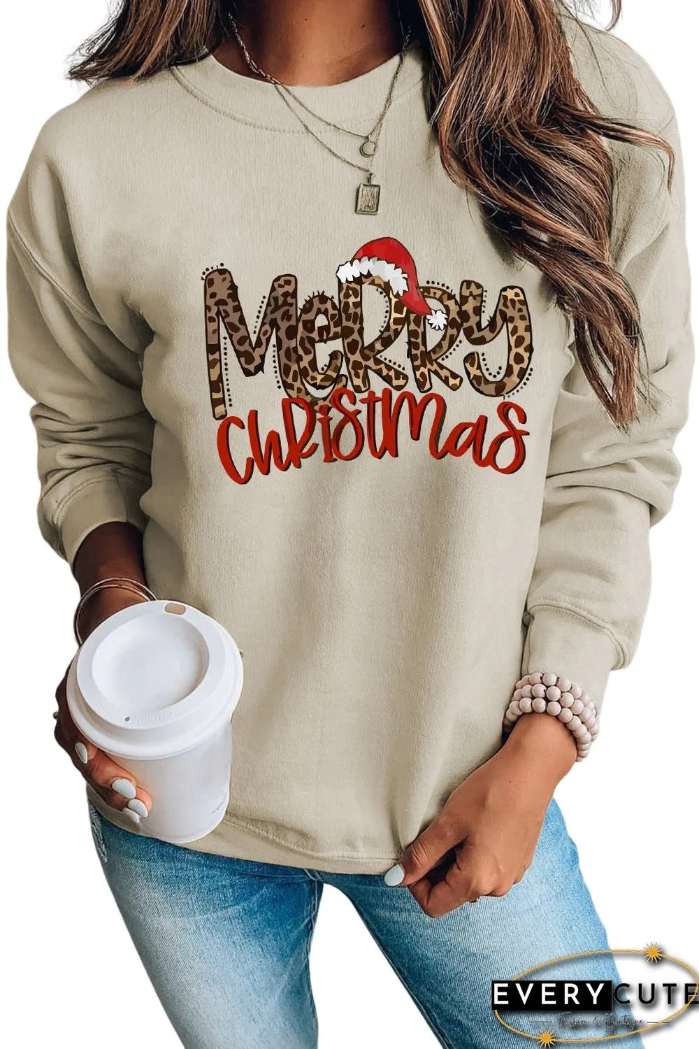 Khaki Merry Christmas Hat Leopard Print Graphic Sweatshirt