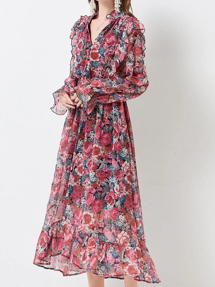 Fashion Chiffon Print Lantern Sleeve Dress