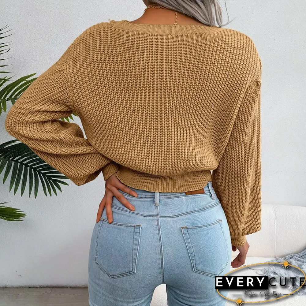 Twist Knit Sweater Pullover For Women Fall New Solid Knitwear Casual Full Balloon Sleeve Waist Skinny Short Sweater