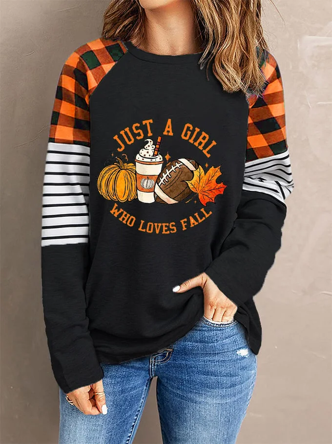 Women's Just A Girl Who Loves Fall Pumpkin Football Maple Leaf Autumn Print T-Shirt socialshop
