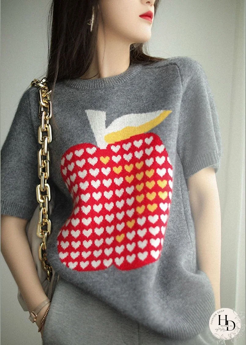 Natural Grey O Neck Jacquard Patchwork Cashmere Sweater Short Sleeve