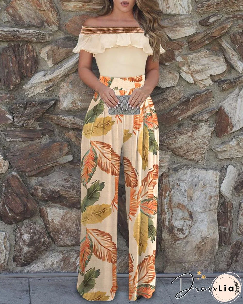 Floral Print Off Shoulder Colorblock Top & Pants Sets