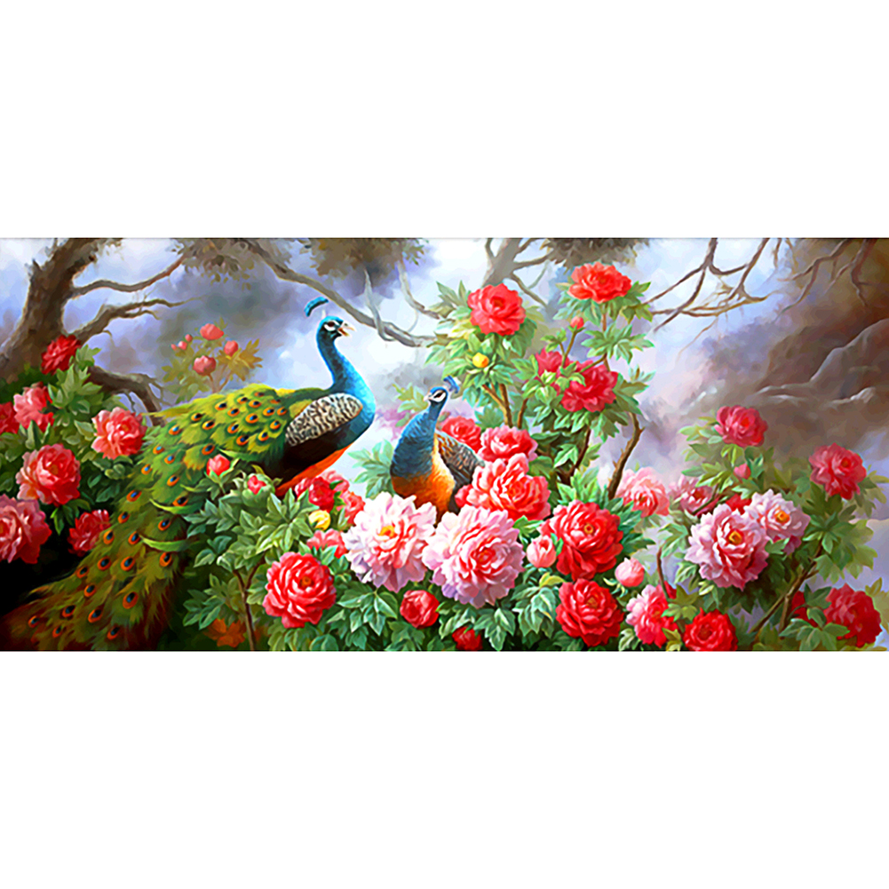 

100*50CM - Round Drill Diamond Painting - Peacock Peony, 501 Original