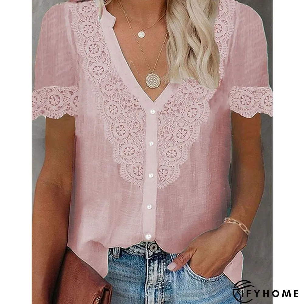 Womens Shirt Blouse Black White Pink Plain Lace Patchwork Short Sleeve Daily Weekend | IFYHOME