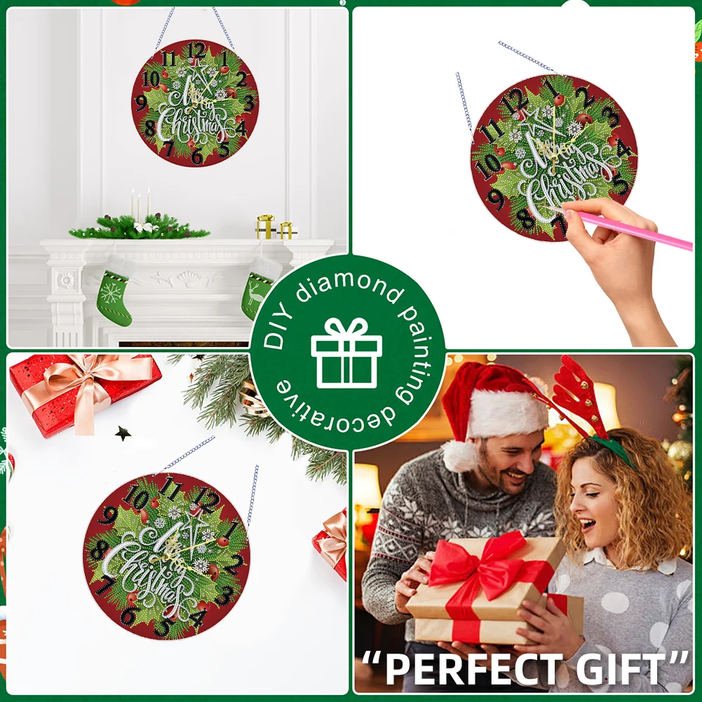 2D Flat DIY Xmas Diamond Painting Ornament with Clock Function Creative Craft