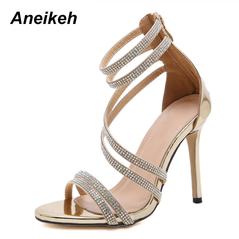 Aneikeh Gold Bling Crystal Sexy Women Sandals Open Toe Rhinestone Straps Cross High Heel Sandals Wedding Dress Shoes Size 35-40