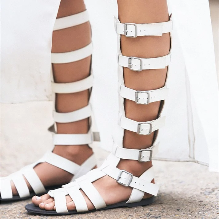 White Buckles Gladiator Sandals Flat Calf-Length Sandals |FSJ Shoes
