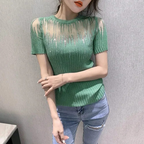 2021 Summer Korean Clothes Knitted shirt Short Sleeve Elastic Tees Sexy Diamonds Transparent Women Tops Ropa Mujer Shirt 10059