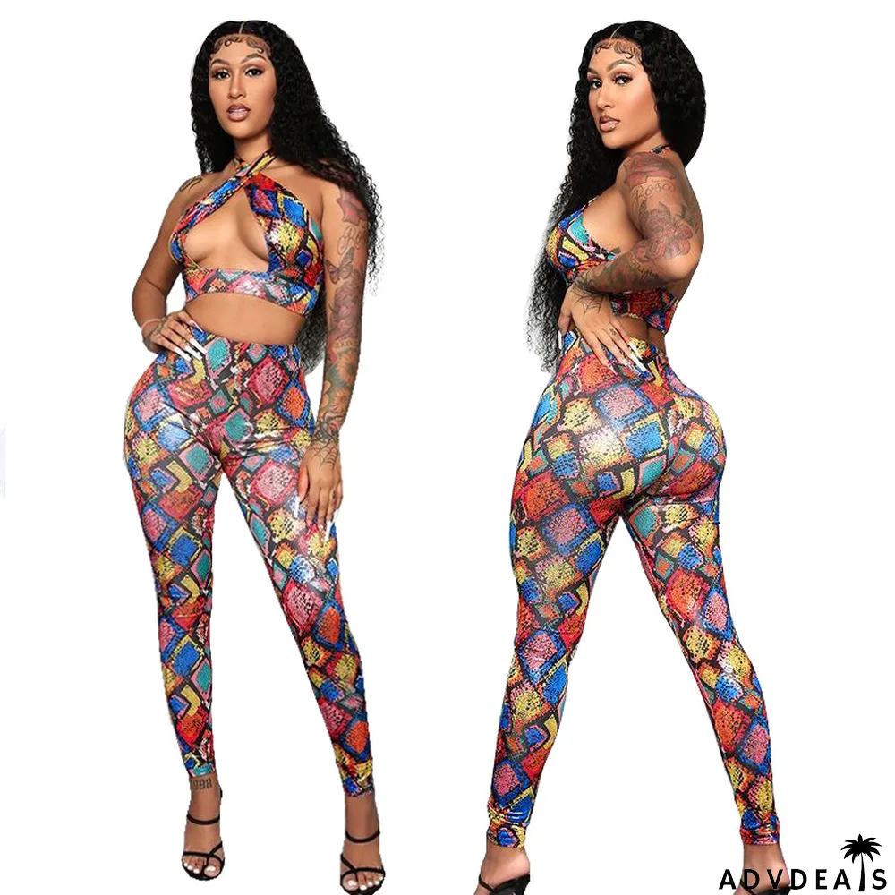 Ladies' Fashion Print Halter Neck Low Back Career Sexy Two-Piece Suit