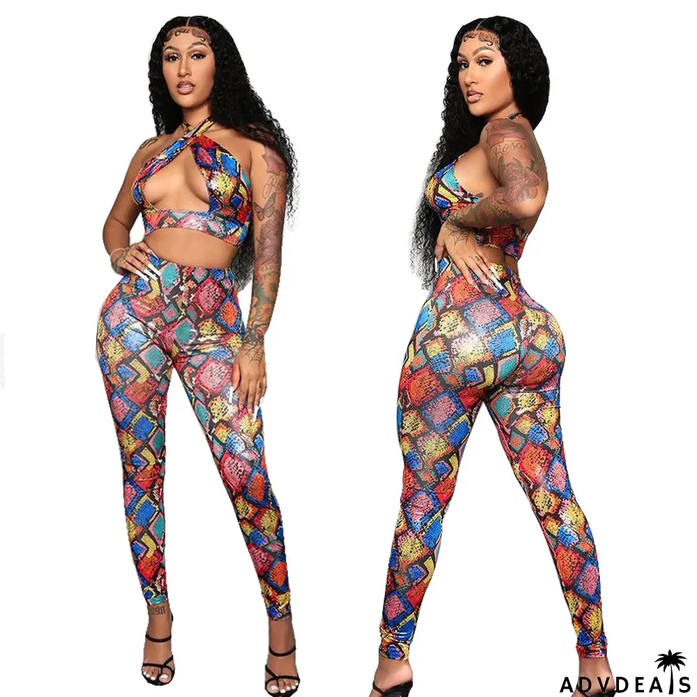 Ladies' Fashion Print Halter Neck Low Back Career Sexy Two-Piece Suit