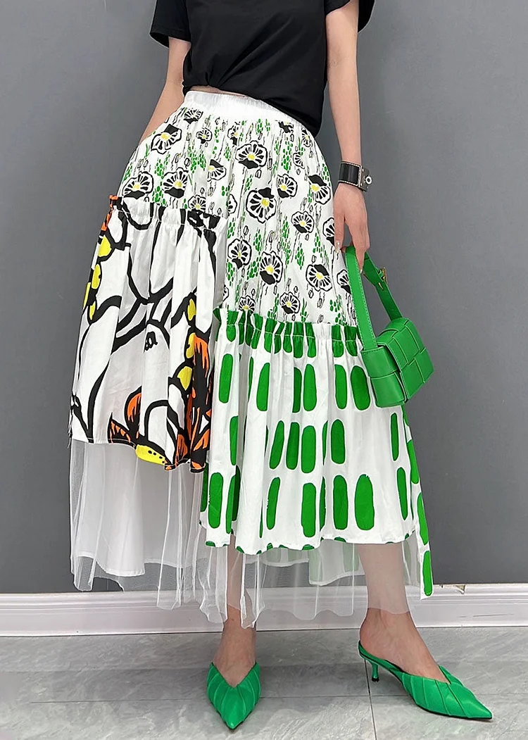 French Green Print Elastic Waist Tulle Patchwork Cotton Beach Skirts Summer