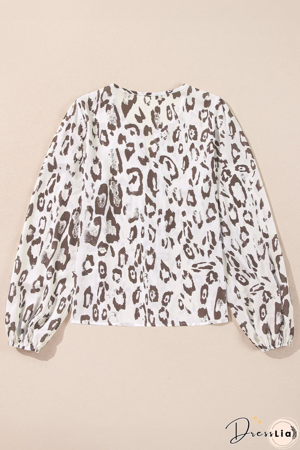 Khaki Leopard Print Split Neck Balloon Sleeve Blouse