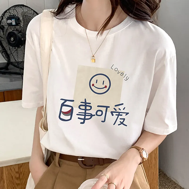 Cartoon Letter Print Round Collar Loose T-Shirt