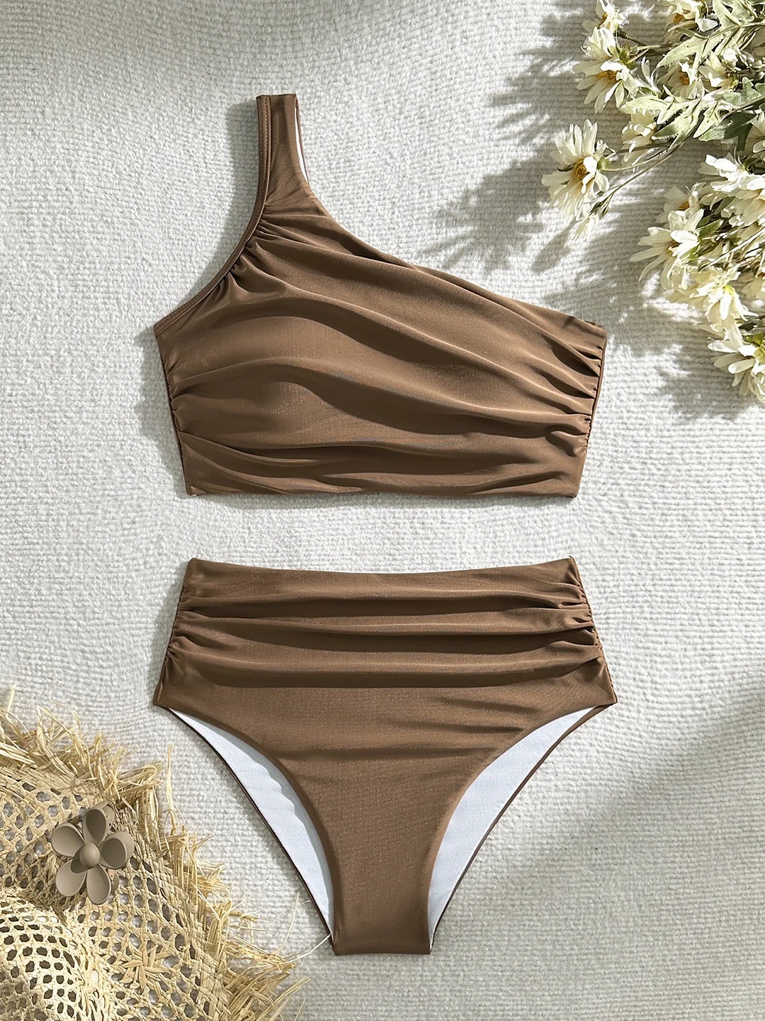 Uveng 2024 New Solid-Color Draw-Folded High-Waisted One-Shoulder Split Swimsuit Bikini