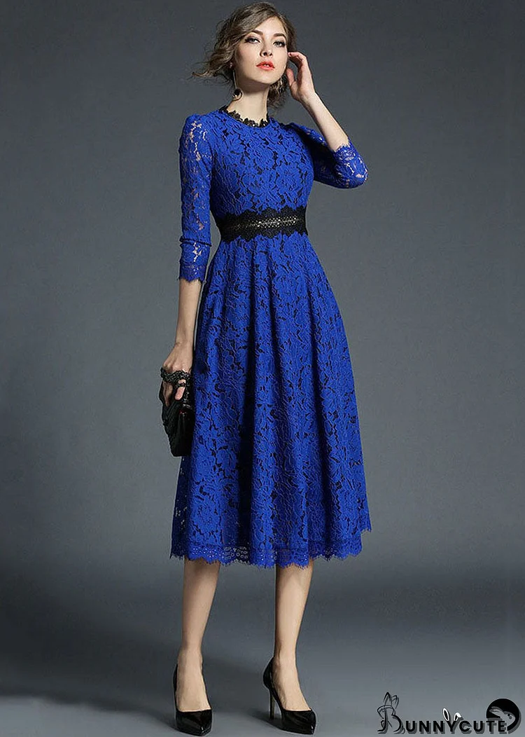 French Blue Hollow Out Embroideried Patchwork Lace Dresses Summer