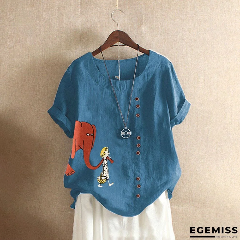 Blue Floral Cotton-Blend Short Sleeve Shirts & Tops | EGEMISS