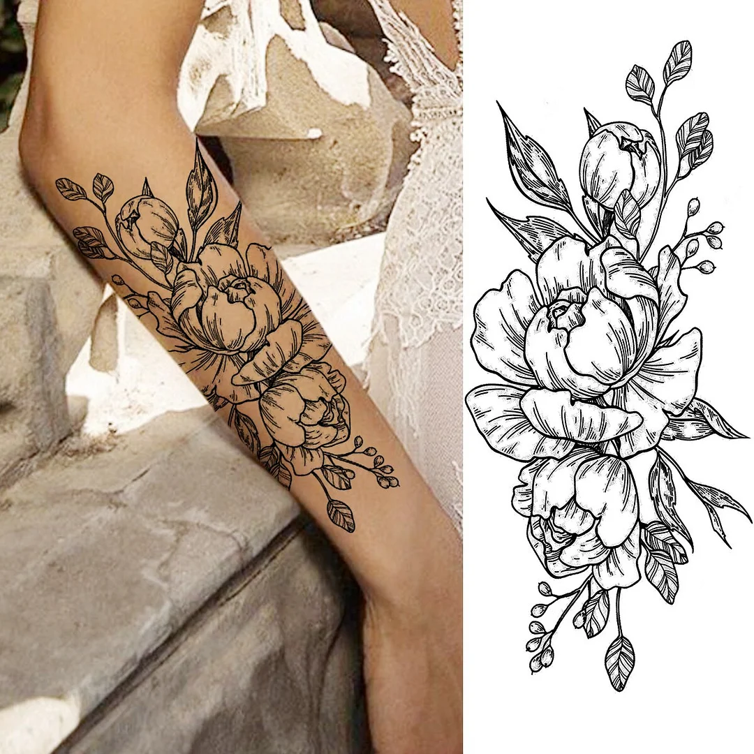 3D Black Peony Flower Lion Moon Temporary Tattoos For Women Adult Girl Realistic Rose Fake Tattoo Forearm Waterproof Tatoo Paper