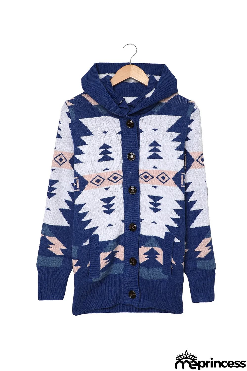 Blue Retro Jacquard Pattern Buttoned Front Hooded Sweater