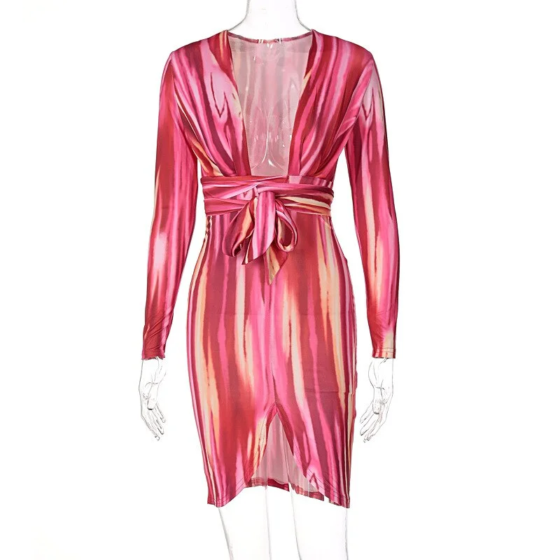 2023 Summer Tie Dye Print Long Sleeves Revealing Bodycon Bandage Mini Dress Women Fashion Outfits  Club