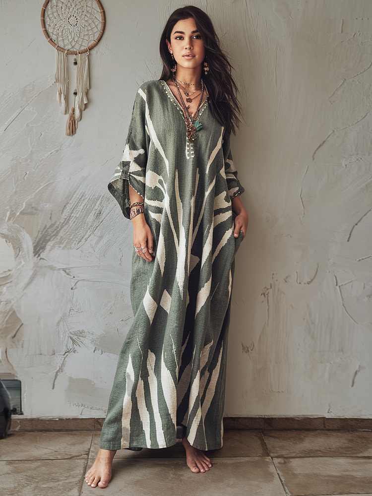 Linen Printed Kaftan Maxi Dress