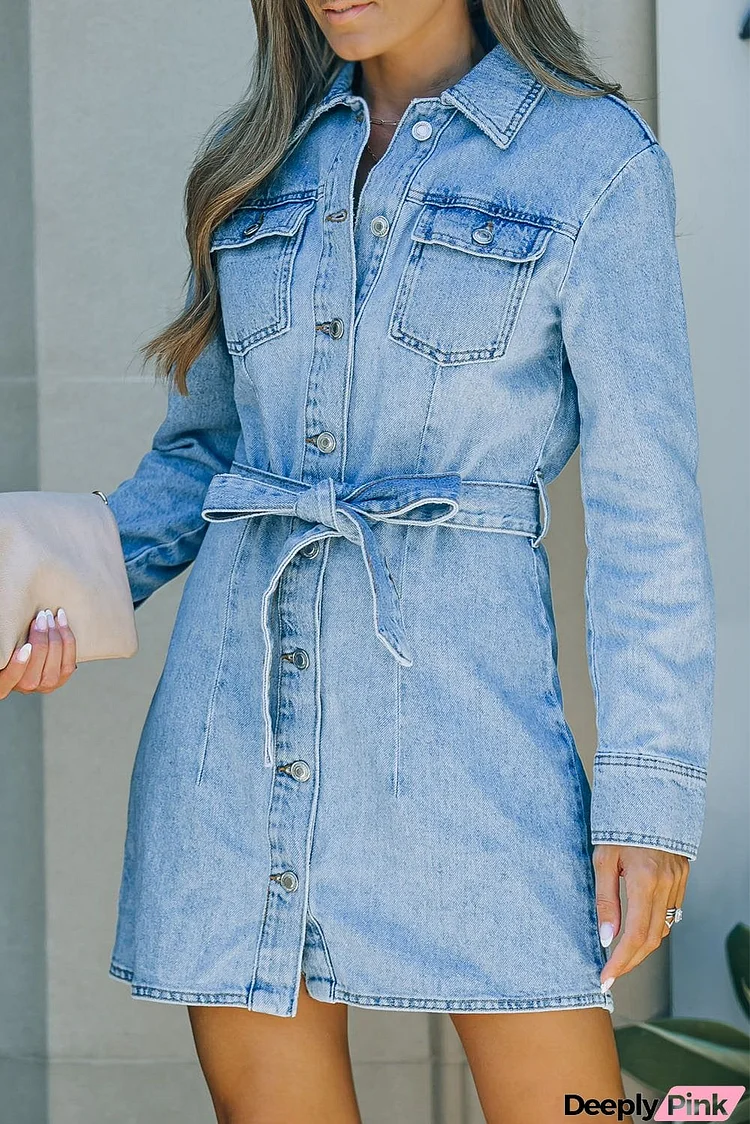 Buttoned Long Sleeve Denim Dress with Tie