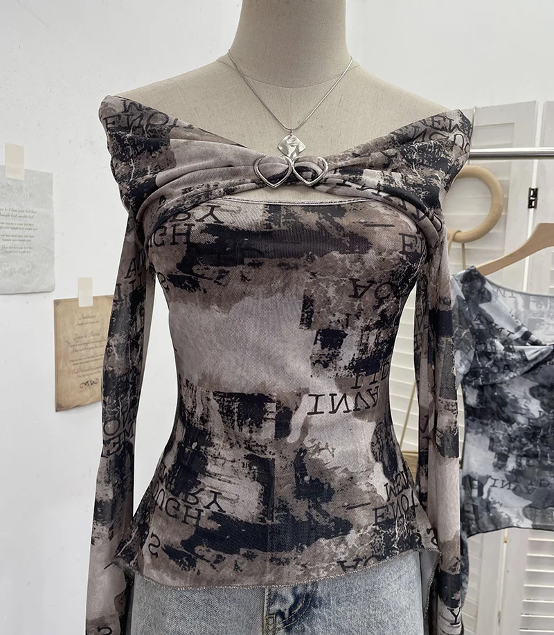 Nigikala Nigikala Shooting Strapped With Hollow Retro Print Long-Sleeved Mesh T-Shirt Ribbon Design Spring And Summer Top 1195