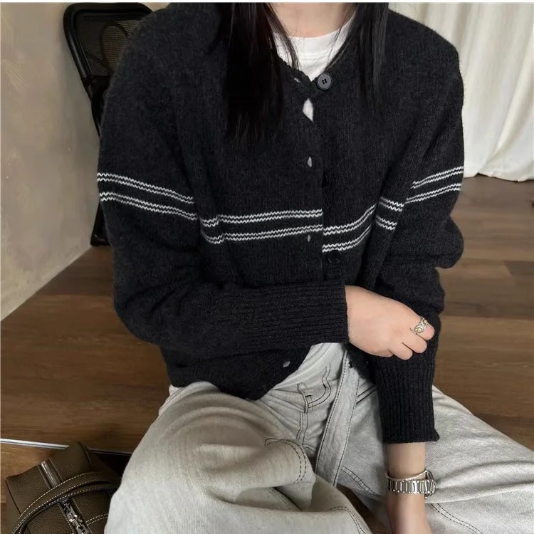 Athvotar Athvotar Striped Wool Knitted Cardigan Women's Autumn Coat 2025 New Spliced Sweater Jacket Bottom Shirt Tide