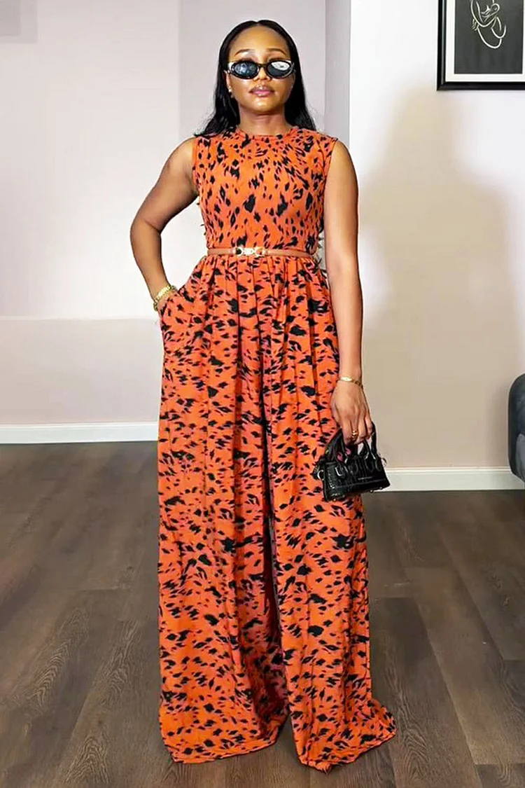 Print Sleeveless Cinch Waist Vacation Wide Leg Jumpsuit-Orange [Pre Order]