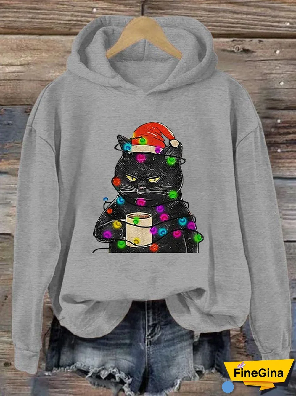 Women's Christmas Lights Black Cat Fun Print Casual Hoodie