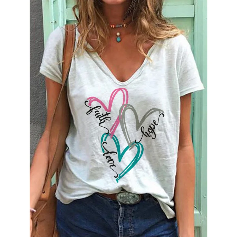 V-neck heart print short-sleeved T-shirt